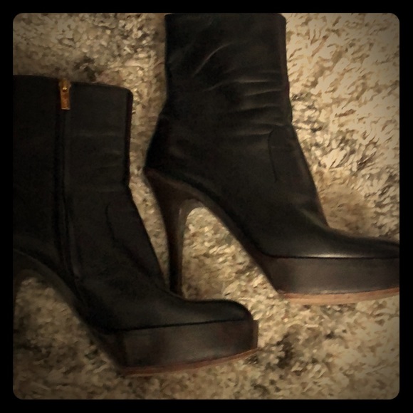 YSL black booties w stiletto heel and platform